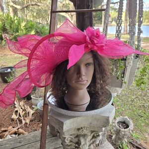 Hot Pink Wide Mesh Brim Church With Hat With Flower And Ribbon Accent